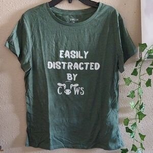 Women's Sage Green 'Easily Distracted By Cows' Short Sleeve Tee Shirt - Medium